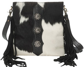 Hair on Hide Fringe Crossbody with Center Medallion Detail