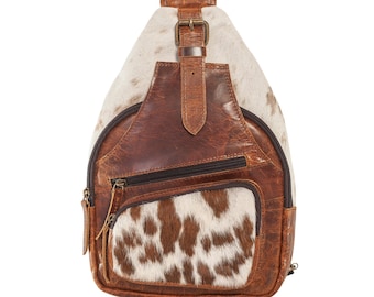 Oil pull up chest messenger sling bag with hair on hide detail, Modern Western mixed media hands free travel bag, Third anniversary gift