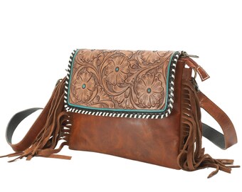 Western Style Clutch with Tooled Flap and Fringe Accent