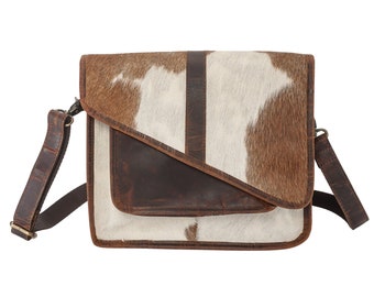 Oil Pull up Messenger Bag with Diagonal Hair On Hide Flap