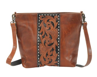 Brown Tooled Leather Front Detail Bucket Crossbody Bag