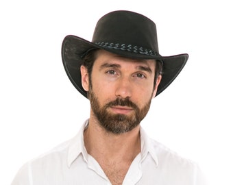 Cappello da cowboy in pelle scamosciata marrone: tesa larga modellabile, fascia intrecciata - Italia