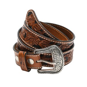 Tooled Leather Adjustable Belt Two Tone Western Wear Fashion Belt With Decorative Buckle Rodeo Outfit Accessory Simple Ruggest Style Etsy UK