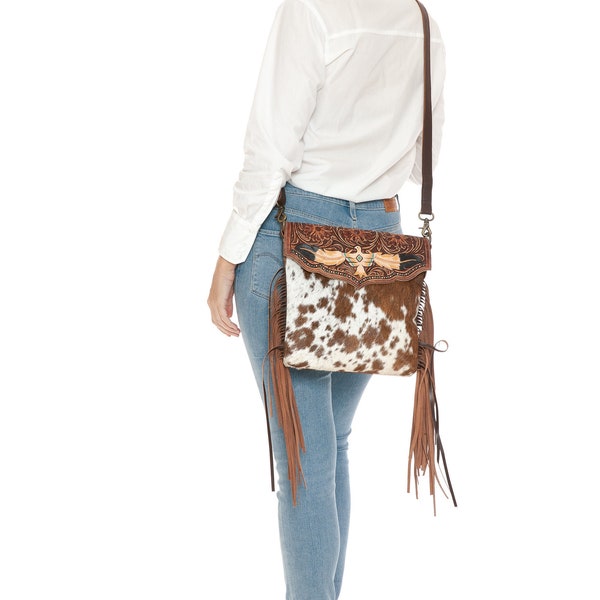 Phoenix tooled crossbody, Western style hair on hide messenger, Boho rodeo clutch with fringe, Tooled leather detail handbag