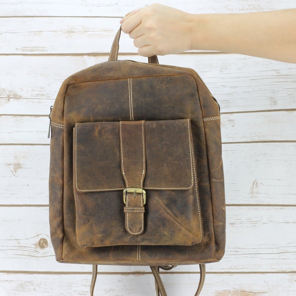 Distressed Brown Leather backpack, Genuine Leather, Minimalist backpack for women, gift for her