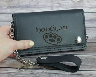 Hooligan chain wallet, Biker wallet with snaps, Laser engraved leather, Third anniversary, Personalized gift