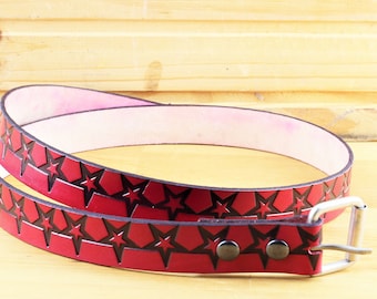 Red Leather Star Belt: Hand Tooled Western Accessory
