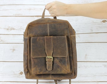 Distressed Brown Leather backpack, Genuine Leather, Minimalist backpack for women, gift for her