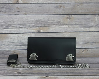 Eagle head leather chain wallet, Biker bi fold wallet with chain, Third anniversary, Wallet with safety features, Rustic leather wallet