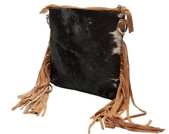 Square fringe crossbody bag, Hair on hide slim clutch, Modern Western handbag, Unique belt bag, Rodeo outfit, Small messenger