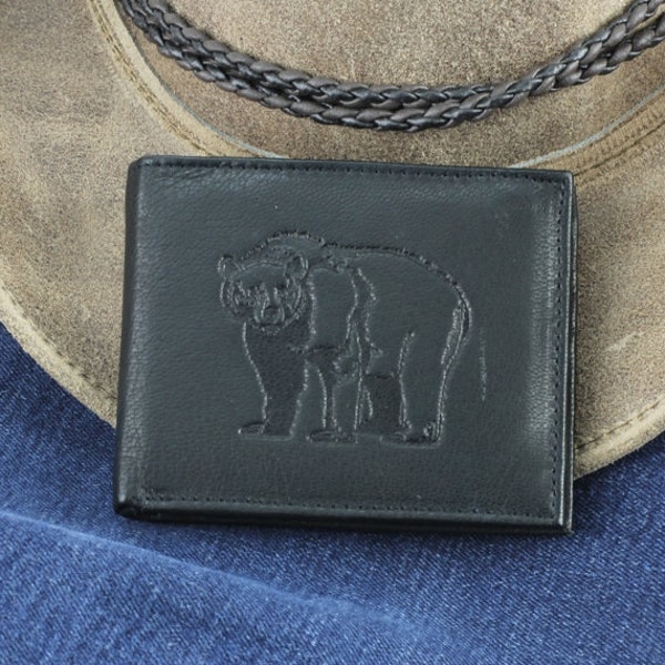 Black Bear Full Body embossed leather bi fold wallet, RFID blocking slim wallet for men, Rustic wallet for him, gift for him