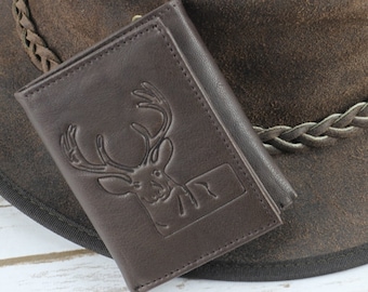 Deer embossed leather tri fold wallet, RFID blocking slim men's wallet, Front pocket wallet, gift for him