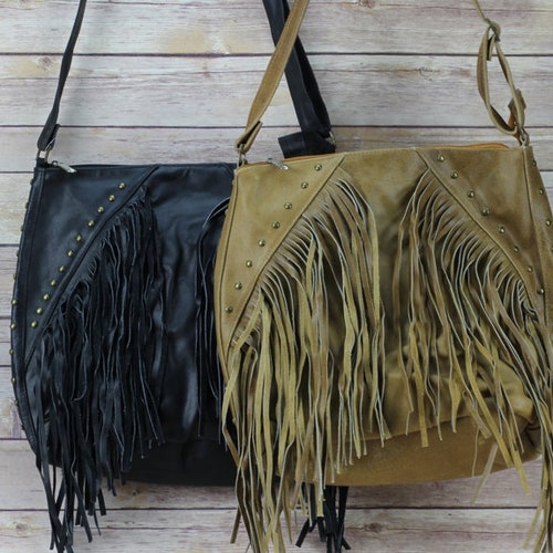 Studded Leather Fringe Crossbody bag, Western style fringe bag for women, Boho Chic shoulder bag, gift for her