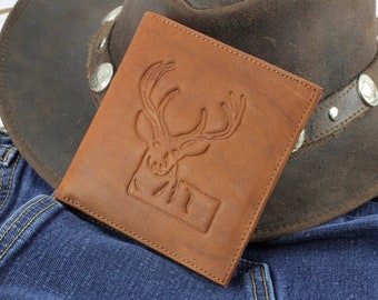 Deer embossed Large bi fold leather wallet, RFID blocking, leather hipster wallet, men's wallet, gift for him