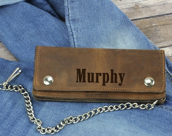 Personalized Brown Leather chain wallet, Biker wallet with snaps, Laser engraved gift for guys