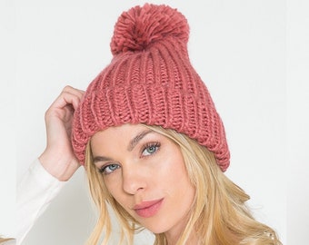 Pink chunky knit hat, Beanie with pom pom, Berry minimalist beanie hat, Cozy slouch hat, Knit travel accessory, Bad hair day