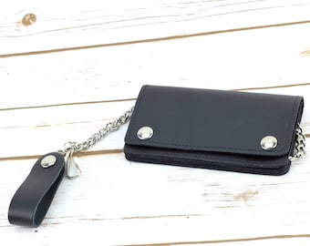 Black leather chain wallet, Biker bi fold wallet with chain, Third Anniversary, Wallet with Safety Features, Rustic Leather Wallet