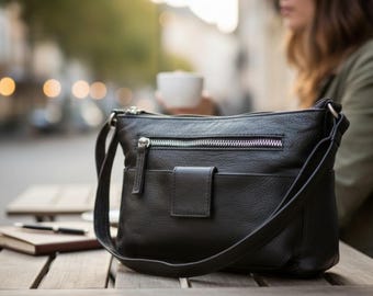 Bolso bandolera de piel Memphis, pequeño, con correa ajustable al hombro, bolsillos con cremallera y solapa