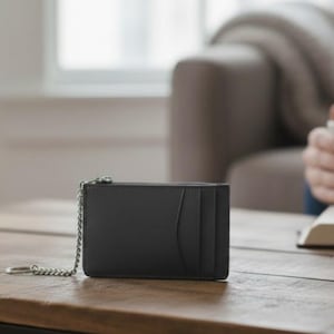 Rivet & Burr Card Case – Compact Leather Zip Wallet with Keyring, Hook and ID Window
