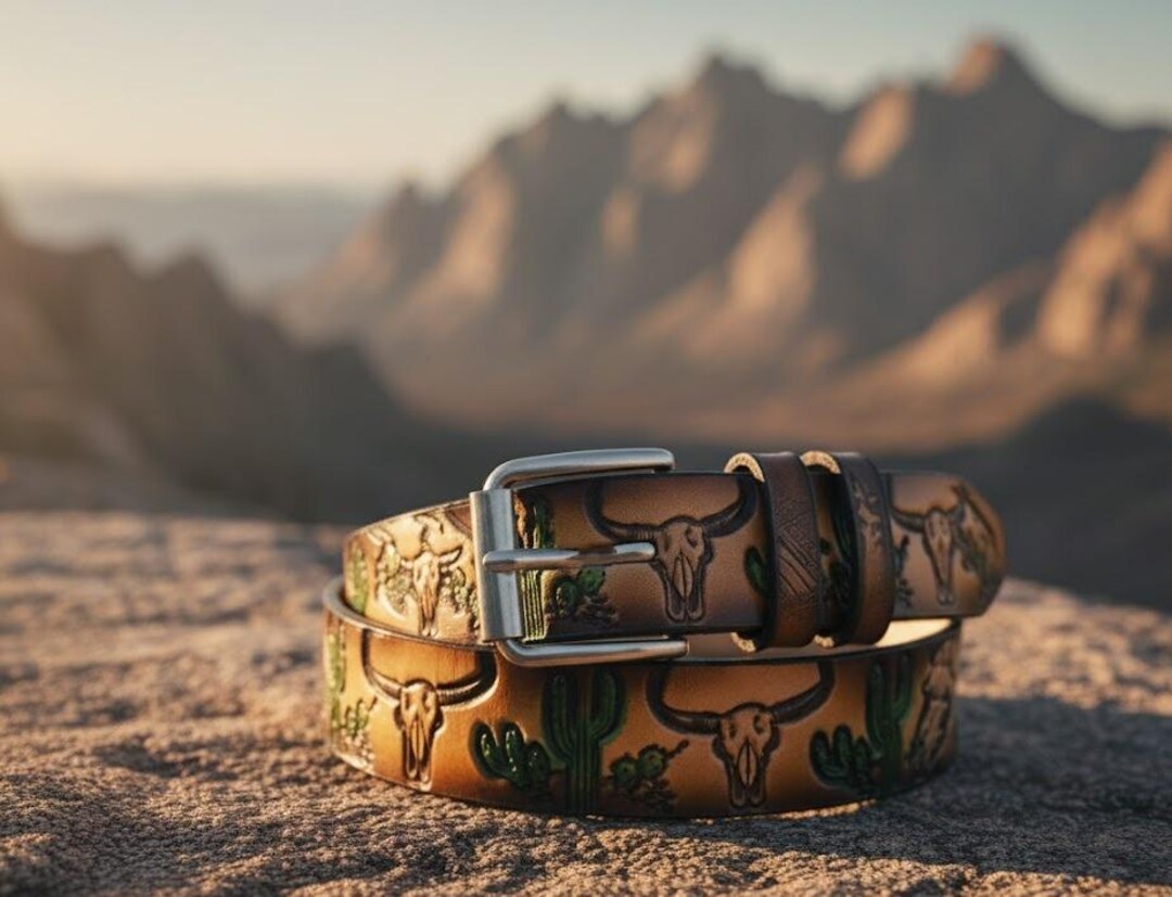 Cattle Skull Leather Belt: Hand Tooled Western Utility Belt  display picture 3