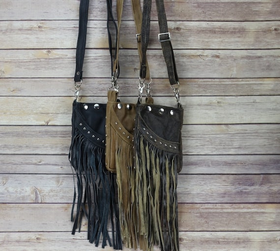 Small Leather Fringe Crossbody Bag With Studs Cell Phone 