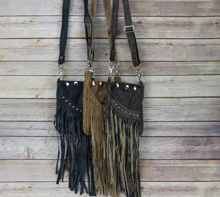 Small Leather Fringe Crossbody Bag With Studs Cell Phone 