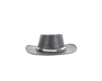 Distressed leather crushable cowboy hat with contrast braided hat band