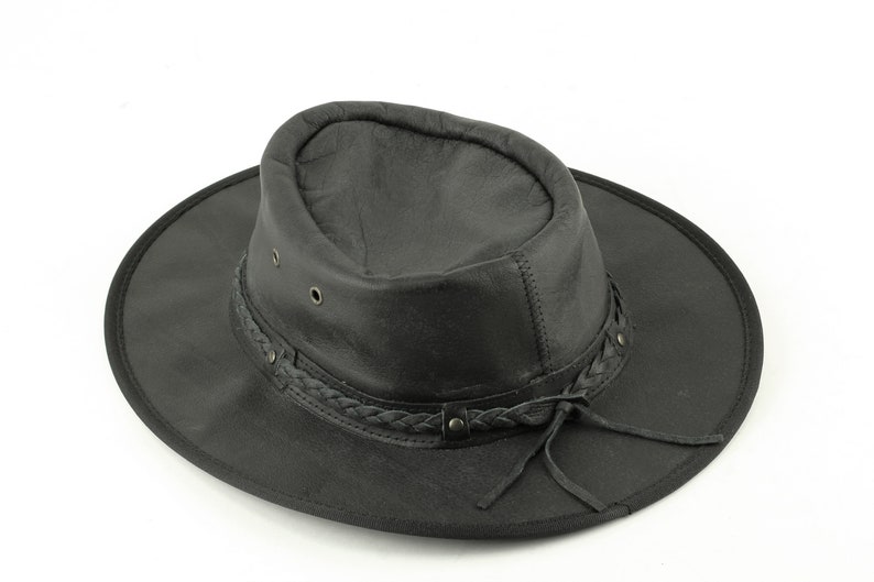 Black flat brim leather cowboy hat Leather cowboy hat with Etsy