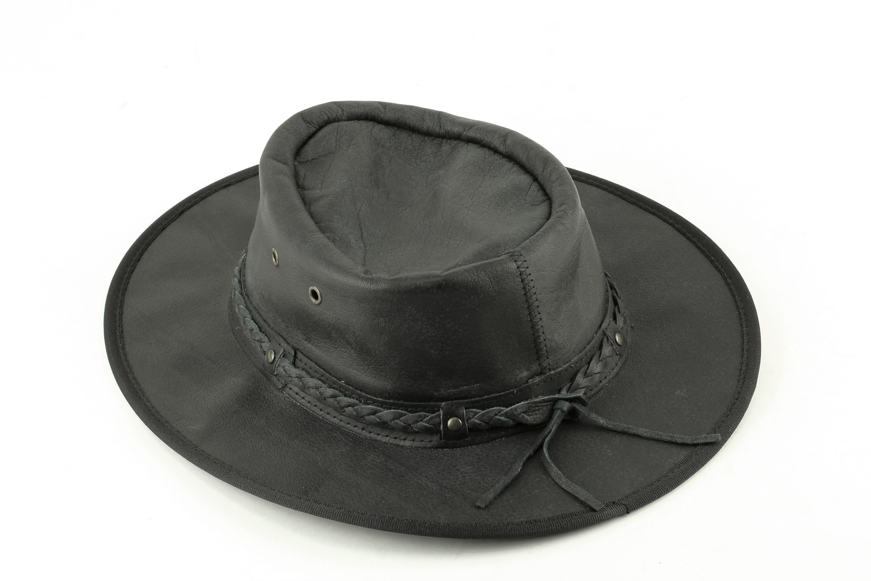 Black flat brim leather cowboy hat Leather cowboy hat with Etsy