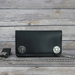 Cartera con tachuelas Magnum de 44, Cartera plegable de cuero negro con cadena, Cartera con forma de bala