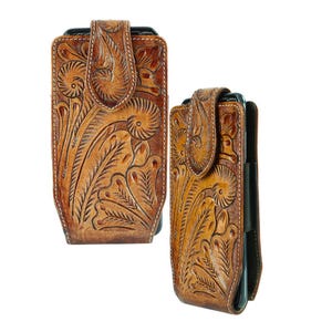 Amerikaanse bizon leren telefoonhoesje met bloemenprint voor riem, modern westers accessoire, minimalistisch leer, derde huwelijksverjaardag