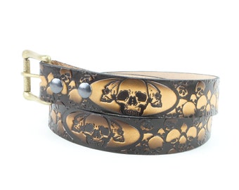 Triple Skull Leather Belt – Hand Tooled Heavy Duty Western Biker Belt – Made in USA