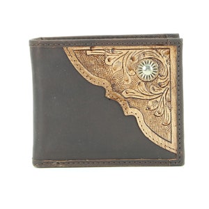 Cartera plegable de cuero marrón con detalles de cuero repujado, billetera de cuero con concho, billetera de rodeo occidental, billetera plegable con caja de regalo, protección RFID