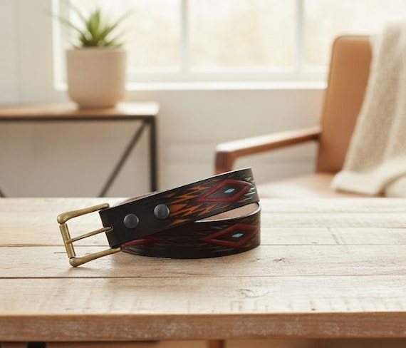 Hand Tooled Leather Belt: Southwestern Geometric Design, Modern Western Wear
