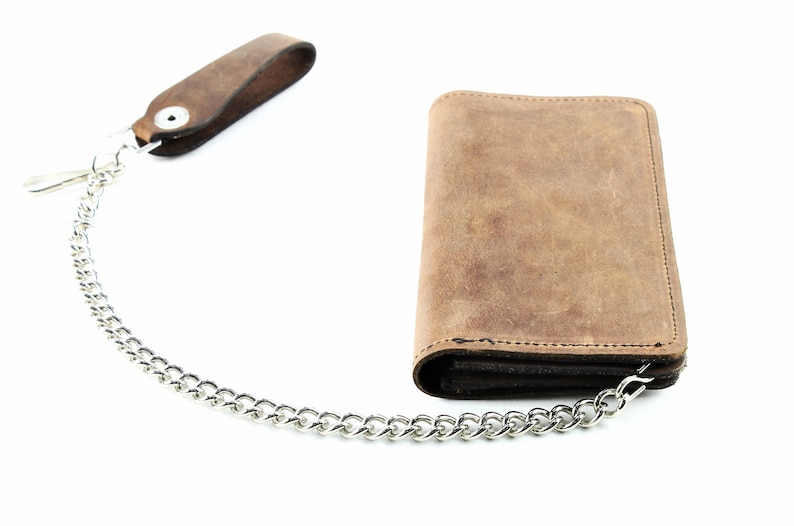 Brown leather chain wallet, Biker bi fold wallet with chain, Third Anniversary, Wallet with Safety Features, Rustic Leather Wallet image 5
