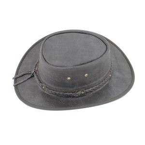 Brown flat brim cowboy hat, Leather Western hat with braided hat band, Aussie style bush hat, Wide brim sun hat