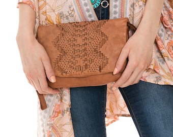 Woven leather wristlet, Vintage style handbag, Laser cut leather, Soft washed leather clutch, Stylish travel bag