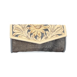 Cartera con solapa de cuero repujado para mujer, Cartera de mano estilo occidental con pelo sobre piel para mujer, Bolso pequeño con estilo de técnica mixta, Moda vaquera