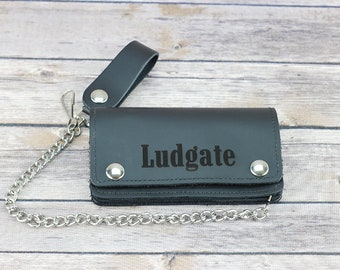 Personalized Black Leather chain wallet, Biker wallet with snaps, Engraved gift for him, Third anniversary gift