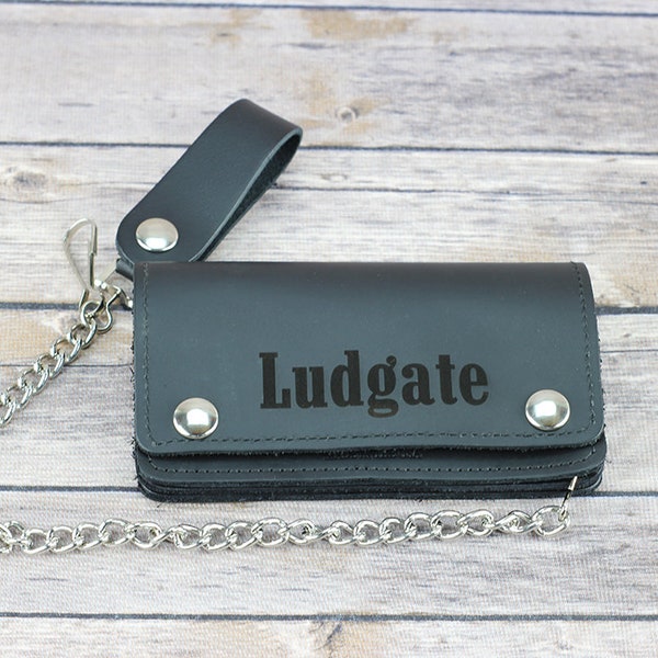 Personalized Black Leather chain wallet, Biker wallet with snaps, Engraved gift for him, Third anniversary gift