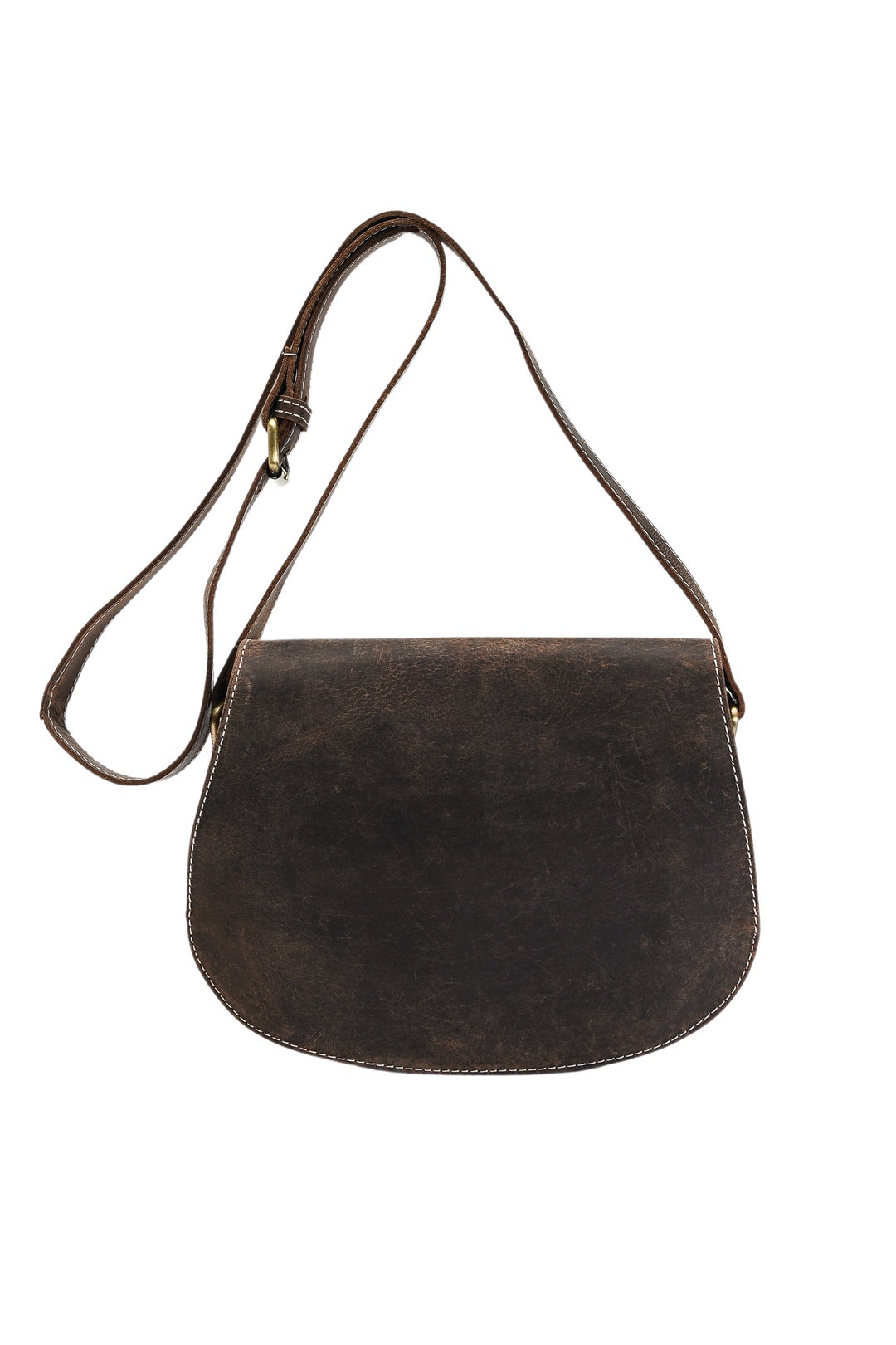 Distressed Brown Leather Saddle Bag, Rustic Flap Over Crossbody Bag
