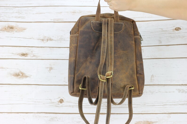 Distressed Brown Leather Backpack Genuine Leather Minimalist Etsy
