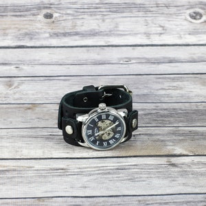 Minimalist black watch band, Leather wrist cuff, Gothic leather accessory, Men&#39;s Leather Bracelet, Classic biker style gift, Made in the USA