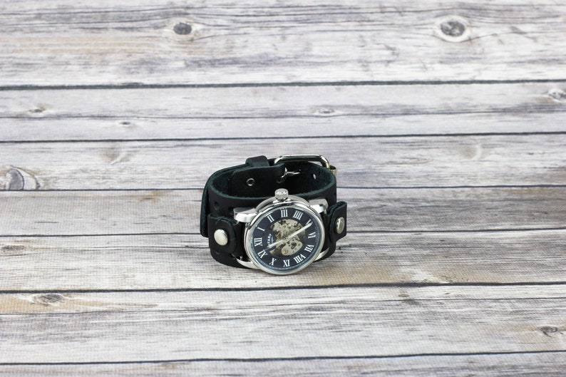 Minimalist black watch band, Leather wrist cuff, Gothic leather accessory, Men's Leather Bracelet, Classic biker style gift, Made in the USA image 1