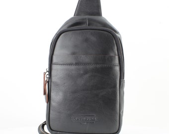 Rivet & Burr’s leather men's chest bag, Minimalist style sling bag, Hans free travel, Modern sleek backpack, Slim retro soft crossbody bag