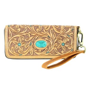 Tooled Leather Wristlet Wallet: Turquoise Stone, Western Style