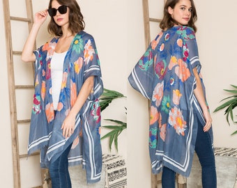 Denim color floral cover-up, Gold metallic kimono cardigan for Summer, Boho bathing suit cover up, Blue open front top