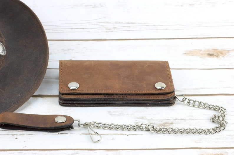 Brown leather chain wallet, Biker bi fold wallet with chain, Third Anniversary, Wallet with Safety Features, Rustic Leather Wallet 6.25 inches