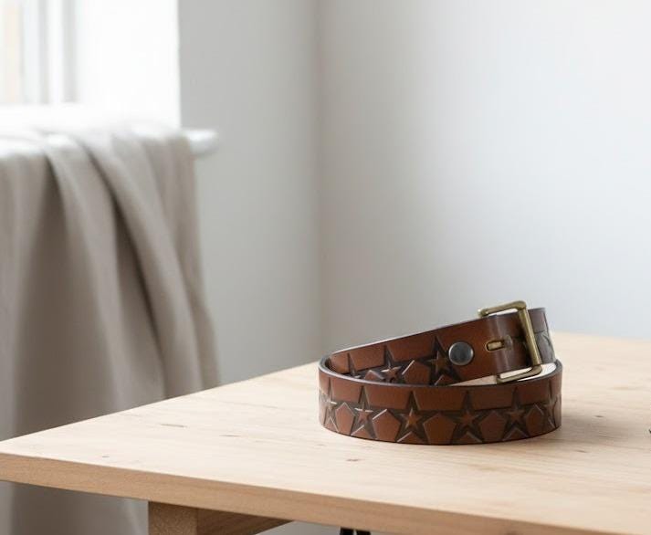 Hand Tooled Brown Leather Star Belt: Western Fashion  display picture 3