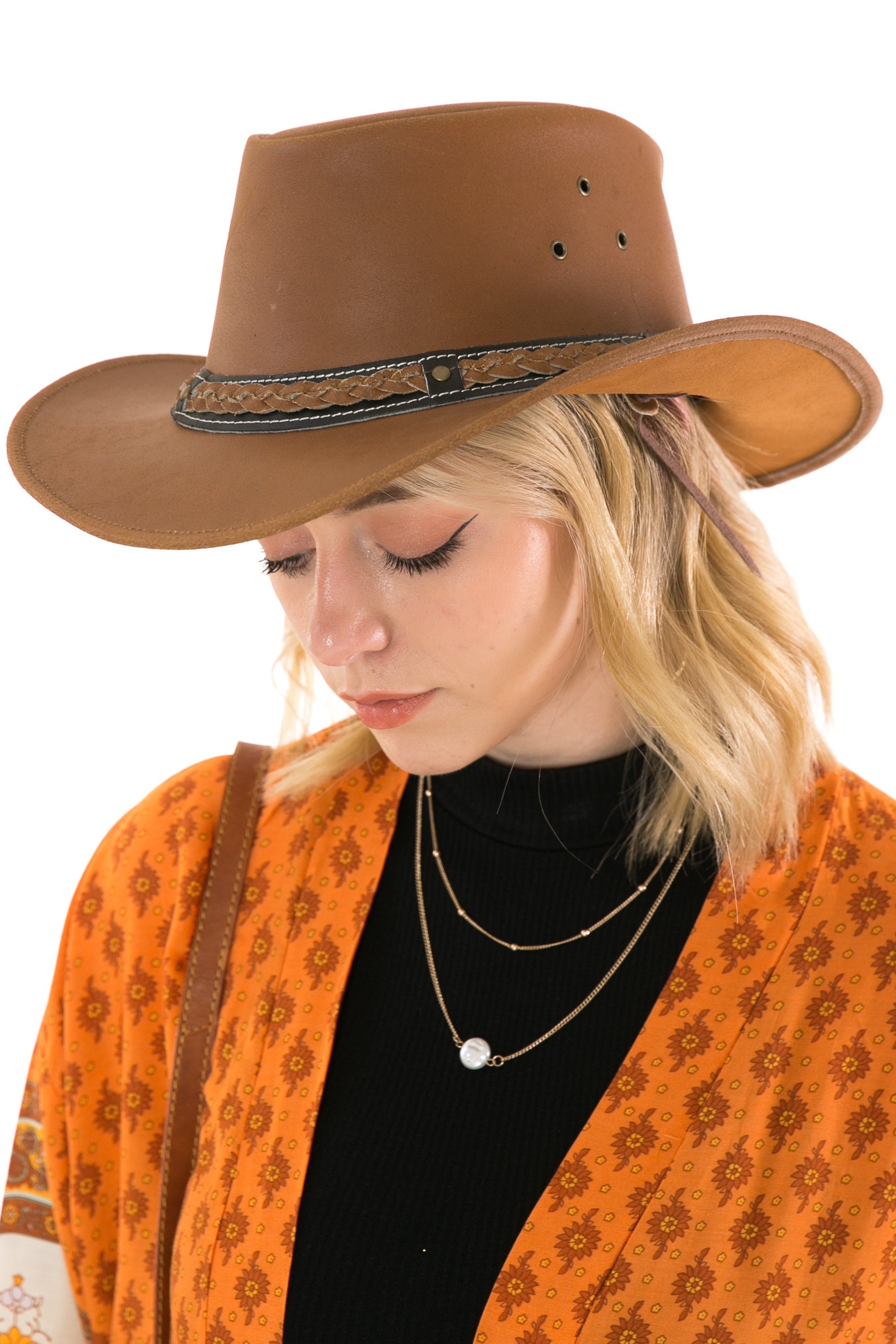 Classic Leather Cowboy Hat with Braided Band - Tan Leather Cowboy Hat with Braided Hat Band HT127 - Leather  main image 4